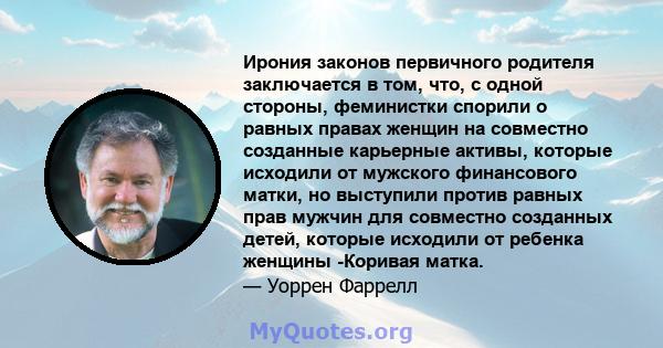 Ирония законов первичного родителя заключается в том, что, с одной стороны, феминистки спорили о равных правах женщин на совместно созданные карьерные активы, которые исходили от мужского финансового матки, но выступили 