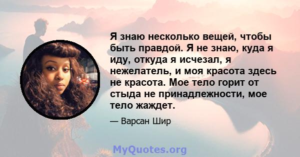 Я знаю несколько вещей, чтобы быть правдой. Я не знаю, куда я иду, откуда я исчезал, я нежелатель, и моя красота здесь не красота. Мое тело горит от стыда не принадлежности, мое тело жаждет.