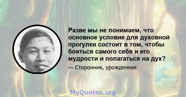 Разве мы не понимаем, что основное условие для духовной прогулки состоит в том, чтобы бояться самого себя и его мудрости и полагаться на дух?