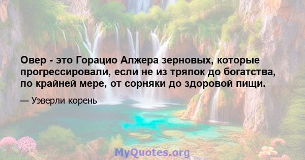 Овер - это Горацио Алжера зерновых, которые прогрессировали, если не из тряпок до богатства, по крайней мере, от сорняки до здоровой пищи.