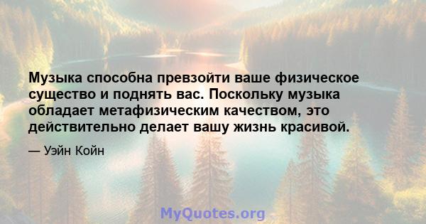 Музыка способна превзойти ваше физическое существо и поднять вас. Поскольку музыка обладает метафизическим качеством, это действительно делает вашу жизнь красивой.