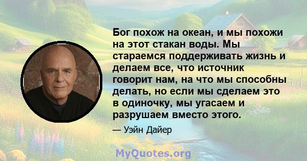 Бог похож на океан, и мы похожи на этот стакан воды. Мы стараемся поддерживать жизнь и делаем все, что источник говорит нам, на что мы способны делать, но если мы сделаем это в одиночку, мы угасаем и разрушаем вместо