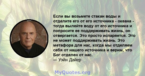 Если вы возьмете стакан воды и отделите его от его источника - океана - тогда вылейте воду от его источника и попросите ее поддерживать жизнь, он отвергается. Это просто испаряется. Это не может поддерживать жизнь. Это