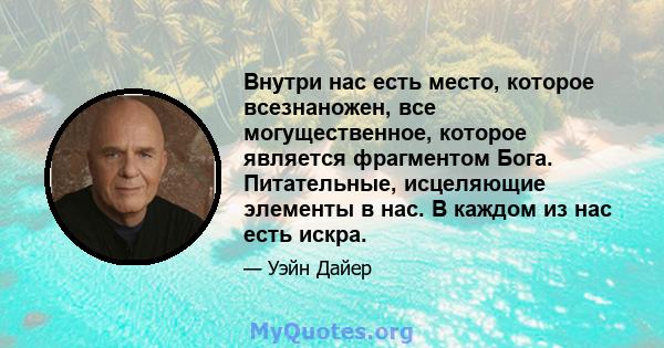 Внутри нас есть место, которое всезнаножен, все могущественное, которое является фрагментом Бога. Питательные, исцеляющие элементы в нас. В каждом из нас есть искра.