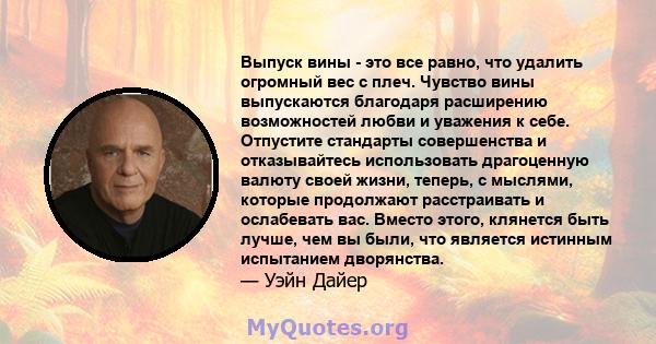 Выпуск вины - это все равно, что удалить огромный вес с плеч. Чувство вины выпускаются благодаря расширению возможностей любви и уважения к себе. Отпустите стандарты совершенства и отказывайтесь использовать драгоценную 