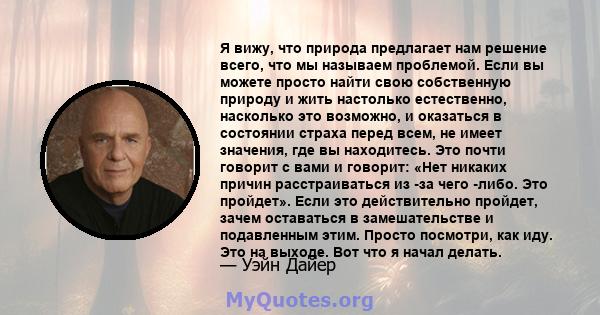 Я вижу, что природа предлагает нам решение всего, что мы называем проблемой. Если вы можете просто найти свою собственную природу и жить настолько естественно, насколько это возможно, и оказаться в состоянии страха