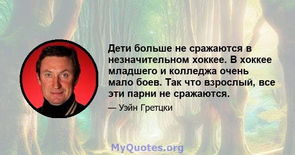 Дети больше не сражаются в незначительном хоккее. В хоккее младшего и колледжа очень мало боев. Так что взрослый, все эти парни не сражаются.