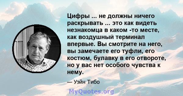 Цифры ... не должны ничего раскрывать ... это как видеть незнакомца в каком -то месте, как воздушный терминал впервые. Вы смотрите на него, вы замечаете его туфли, его костюм, булавку в его отвороте, но у вас нет