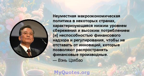 Неуместная макроэкономическая политика в некоторых странах, характеризующаяся низким уровнем сбережений и высоким потреблением [и] неспособностью финансового надзора и регулирования, чтобы не отставать от инноваций,