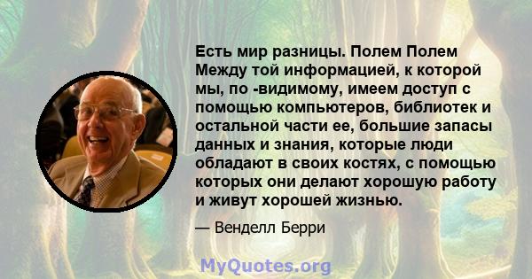 Есть мир разницы. Полем Полем Между той информацией, к которой мы, по -видимому, имеем доступ с помощью компьютеров, библиотек и остальной части ее, большие запасы данных и знания, которые люди обладают в своих костях,