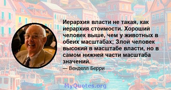 Иерархия власти не такая, как иерархия стоимости. Хороший человек выше, чем у животных в обеих масштабах; Злой человек высокий в масштабе власти, но в самом нижней части масштаба значений.