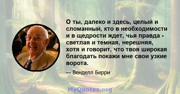 О ты, далеко и здесь, целый и сломанный, кто в необходимости и в щедрости ждет, чья правда - светлая и темная, нерешняя, хотя и говорит, что твоя широкая благодать покажи мне свои узкие ворота.