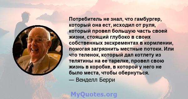 Потребитель не знал, что гамбургер, который она ест, исходил от руля, который провел большую часть своей жизни, стоящий глубоко в своих собственных экскрементах в кормлении, помогая загрязнить местные потоки. Или что