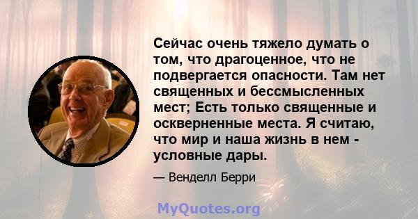 Сейчас очень тяжело думать о том, что драгоценное, что не подвергается опасности. Там нет священных и бессмысленных мест; Есть только священные и оскверненные места. Я считаю, что мир и наша жизнь в нем - условные дары.