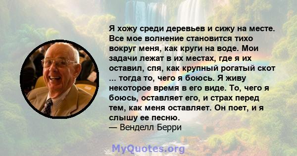 Я хожу среди деревьев и сижу на месте. Все мое волнение становится тихо вокруг меня, как круги на воде. Мои задачи лежат в их местах, где я их оставил, спя, как крупный рогатый скот ... тогда то, чего я боюсь. Я живу