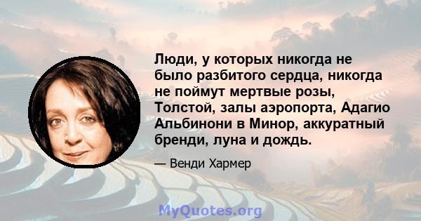 Люди, у которых никогда не было разбитого сердца, никогда не поймут мертвые розы, Толстой, залы аэропорта, Адагио Альбинони в Минор, аккуратный бренди, луна и дождь.