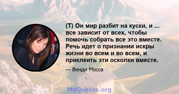 (T) Он мир разбит на куски, и ... все зависит от всех, чтобы помочь собрать все это вместе. Речь идет о признании искры жизни во всем и во всем, и приклеить эти осколки вместе.