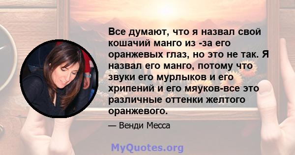 Все думают, что я назвал свой кошачий манго из -за его оранжевых глаз, но это не так. Я назвал его манго, потому что звуки его мурлыков и его хрипений и его мяуков-все это различные оттенки желтого оранжевого.