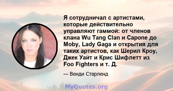 Я сотрудничал с артистами, которые действительно управляют гаммой: от членов клана Wu Tang Clan и Capone до Moby, Lady Gaga и открытия для таких артистов, как Шерил Кроу, Джек Уайт и Крис Шифлетт из Foo Fighters и т. Д.