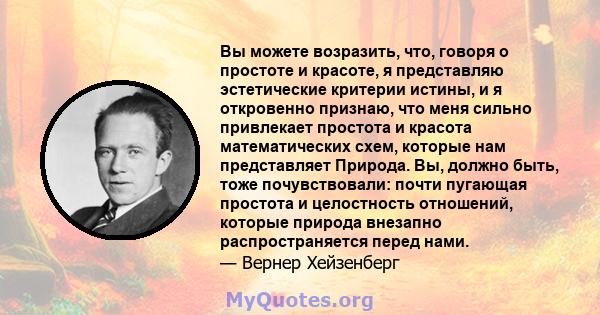 Вы можете возразить, что, говоря о простоте и красоте, я представляю эстетические критерии истины, и я откровенно признаю, что меня сильно привлекает простота и красота математических схем, которые нам представляет