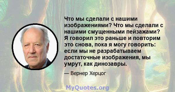 Что мы сделали с нашими изображениями? Что мы сделали с нашими смущенными пейзажами? Я говорил это раньше и повторим это снова, пока я могу говорить: если мы не разрабатываем достаточные изображения, мы умрут, как