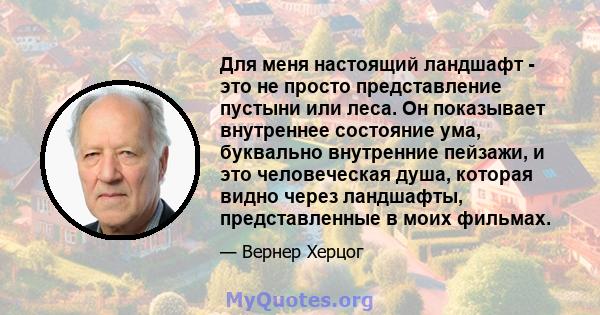 Для меня настоящий ландшафт - это не просто представление пустыни или леса. Он показывает внутреннее состояние ума, буквально внутренние пейзажи, и это человеческая душа, которая видно через ландшафты, представленные в