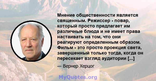 Мнение общественности является священным. Режиссер - повар, который просто предлагает им различные блюда и не имеет права настаивать на том, что они реагируют определенным образом. Фильм - это просто проекция света,