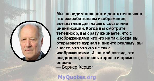 Мы не видим опасности достаточно ясно, что разрабатываем изображения, адекватные для нашего состояния цивилизации. Когда вы смотрите телевизор, вы сразу же знаете, что с изображениями что -то не так. Когда вы открываете 