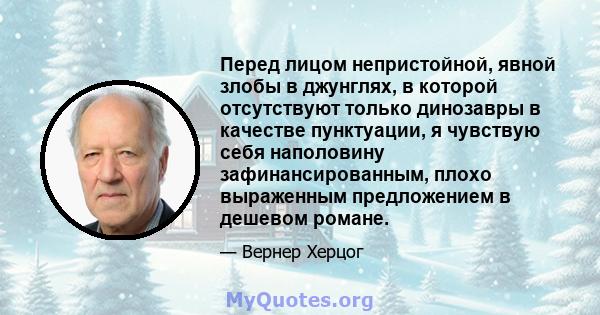 Перед лицом непристойной, явной злобы в джунглях, в которой отсутствуют только динозавры в качестве пунктуации, я чувствую себя наполовину зафинансированным, плохо выраженным предложением в дешевом романе.