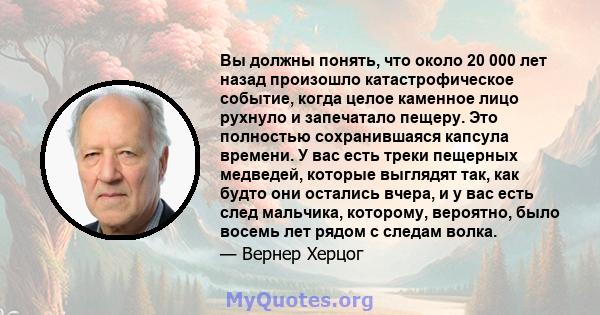 Вы должны понять, что около 20 000 лет назад произошло катастрофическое событие, когда целое каменное лицо рухнуло и запечатало пещеру. Это полностью сохранившаяся капсула времени. У вас есть треки пещерных медведей,