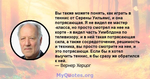 Вы также можете понять, как играть в теннис от Серены Уильямс, и она потрясающая. Я не видел ее мастер -класса, но просто смотрел на нее на корте - я видел часть Уимблдона по телевизору, и в ней такая потрясающая сила,