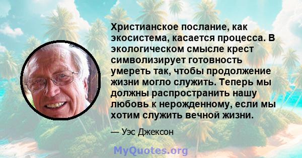 Христианское послание, как экосистема, касается процесса. В экологическом смысле крест символизирует готовность умереть так, чтобы продолжение жизни могло служить. Теперь мы должны распространить нашу любовь к