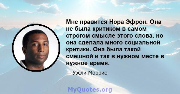 Мне нравится Нора Эфрон. Она не была критиком в самом строгом смысле этого слова, но она сделала много социальной критики. Она была такой смешной и так в нужном месте в нужное время.