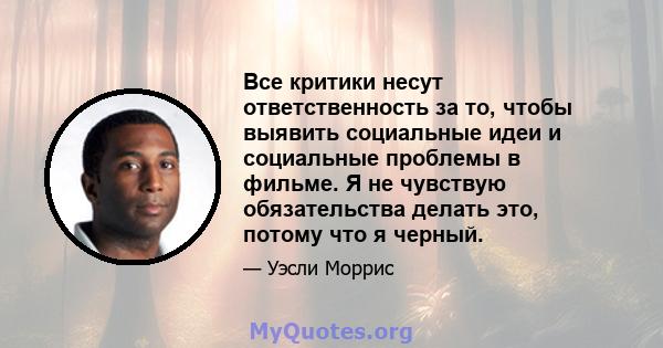 Все критики несут ответственность за то, чтобы выявить социальные идеи и социальные проблемы в фильме. Я не чувствую обязательства делать это, потому что я черный.