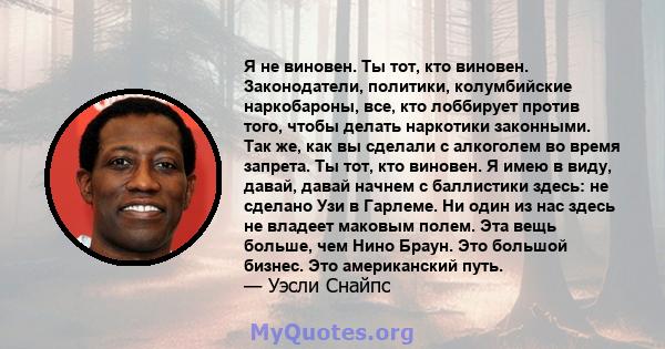 Я не виновен. Ты тот, кто виновен. Законодатели, политики, колумбийские наркобароны, все, кто лоббирует против того, чтобы делать наркотики законными. Так же, как вы сделали с алкоголем во время запрета. Ты тот, кто