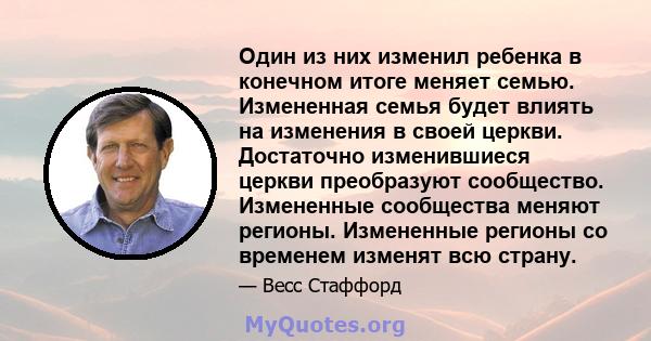 Один из них изменил ребенка в конечном итоге меняет семью. Измененная семья будет влиять на изменения в своей церкви. Достаточно изменившиеся церкви преобразуют сообщество. Измененные сообщества меняют регионы.