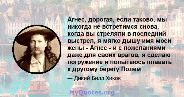 Агнес, дорогая, если таково, мы никогда не встретимся снова, когда вы стреляли в последний выстрел, я мягко дышу имя моей жены - Агнес - и с пожеланиями даже для своих врагов, я сделаю погружение и попытаюсь плавать к