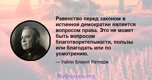 Равенство перед законом в истинной демократии является вопросом права. Это не может быть вопросом благотворительности, пользы или благодать или по усмотрению.