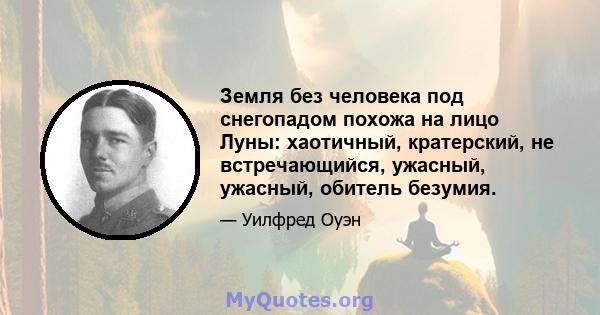 Земля без человека под снегопадом похожа на лицо Луны: хаотичный, кратерский, не встречающийся, ужасный, ужасный, обитель безумия.