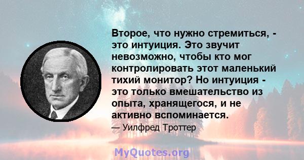 Второе, что нужно стремиться, - это интуиция. Это звучит невозможно, чтобы кто мог контролировать этот маленький тихий монитор? Но интуиция - это только вмешательство из опыта, хранящегося, и не активно вспоминается.