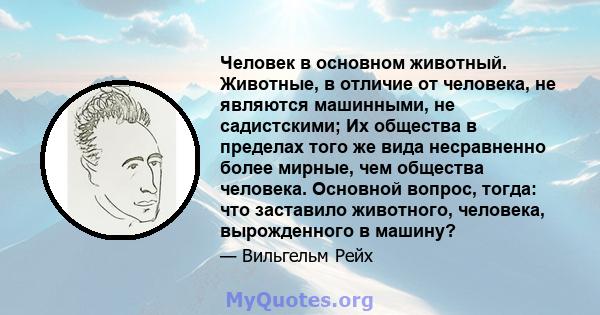 Человек в основном животный. Животные, в отличие от человека, не являются машинными, не садистскими; Их общества в пределах того же вида несравненно более мирные, чем общества человека. Основной вопрос, тогда: что