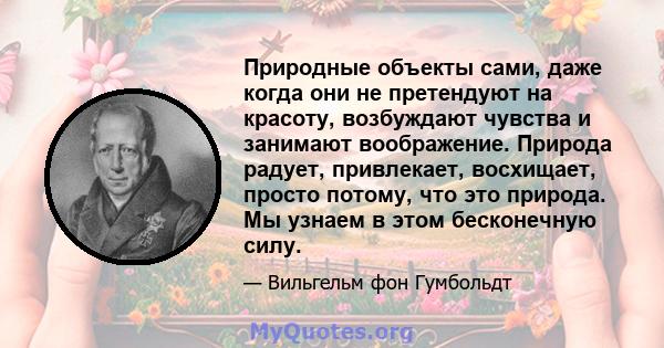 Природные объекты сами, даже когда они не претендуют на красоту, возбуждают чувства и занимают воображение. Природа радует, привлекает, восхищает, просто потому, что это природа. Мы узнаем в этом бесконечную силу.