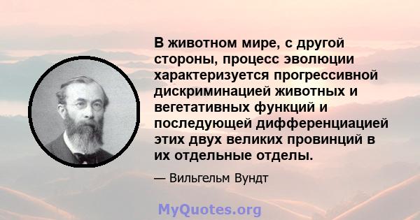 В животном мире, с другой стороны, процесс эволюции характеризуется прогрессивной дискриминацией животных и вегетативных функций и последующей дифференциацией этих двух великих провинций в их отдельные отделы.