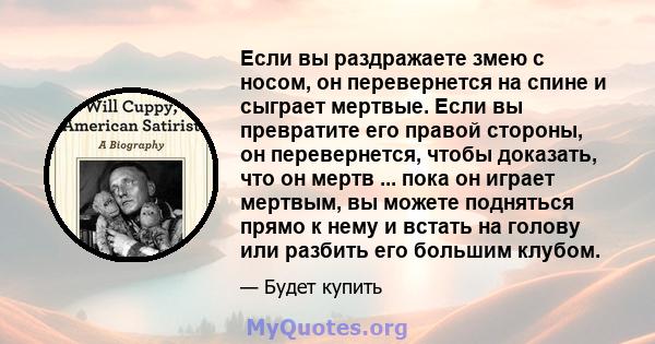 Если вы раздражаете змею с носом, он перевернется на спине и сыграет мертвые. Если вы превратите его правой стороны, он перевернется, чтобы доказать, что он мертв ... пока он играет мертвым, вы можете подняться прямо к