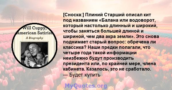 [Сноска:] Плиний Старший описал кит под названием «Балана или водоворот, который настолько длинный и широкий, чтобы заняться большей длиной и шириной, чем два акра земли». Это снова поднимает старый вопрос: обречена ли