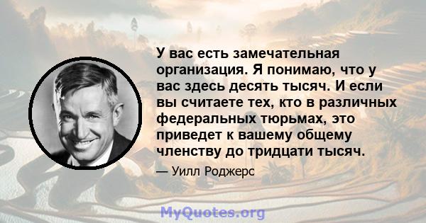 У вас есть замечательная организация. Я понимаю, что у вас здесь десять тысяч. И если вы считаете тех, кто в различных федеральных тюрьмах, это приведет к вашему общему членству до тридцати тысяч.