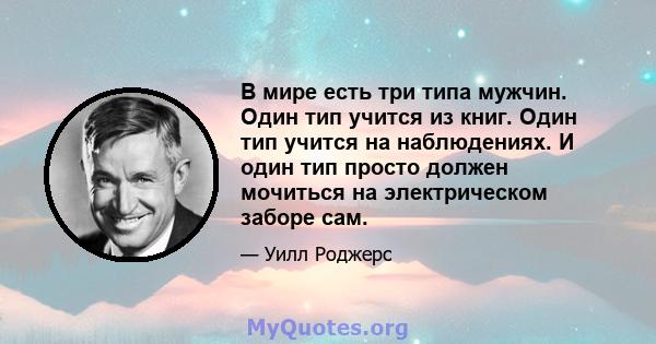 В мире есть три типа мужчин. Один тип учится из книг. Один тип учится на наблюдениях. И один тип просто должен мочиться на электрическом заборе сам.