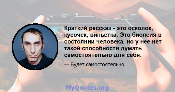 Краткий рассказ - это осколок, кусочек, виньетка. Это биопсия в состоянии человека, но у нее нет такой способности думать самостоятельно для себя.