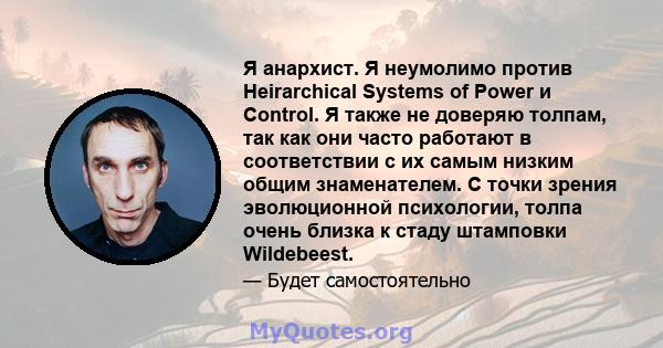 Я анархист. Я неумолимо против Heirarchical Systems of Power и Control. Я также не доверяю толпам, так как они часто работают в соответствии с их самым низким общим знаменателем. С точки зрения эволюционной психологии,