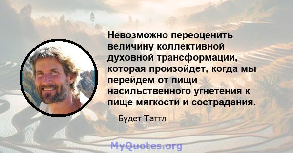 Невозможно переоценить величину коллективной духовной трансформации, которая произойдет, когда мы перейдем от пищи насильственного угнетения к пище мягкости и сострадания.